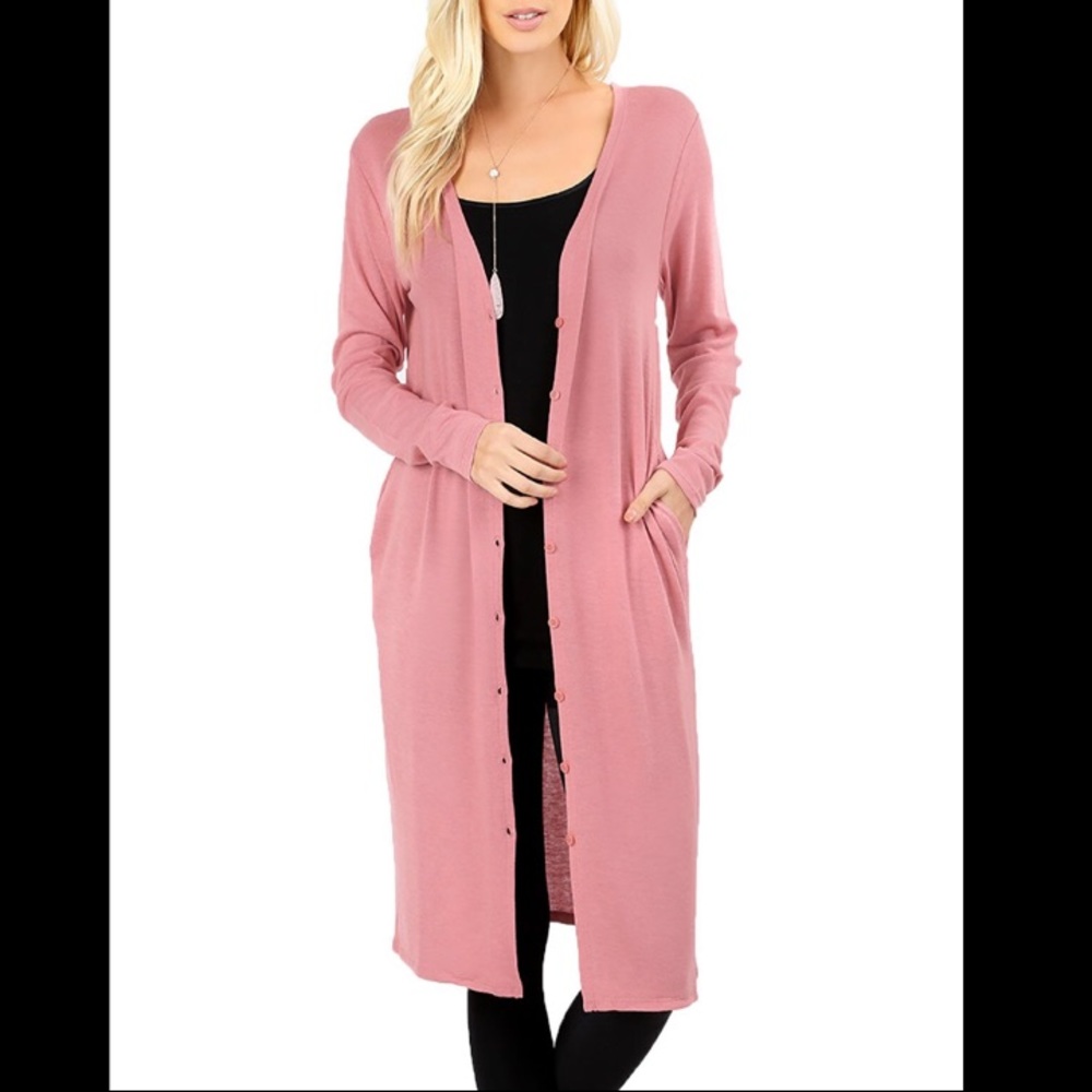 Dark Rose Button Down Cardigan with Side Pocket - Picture 1 of 2